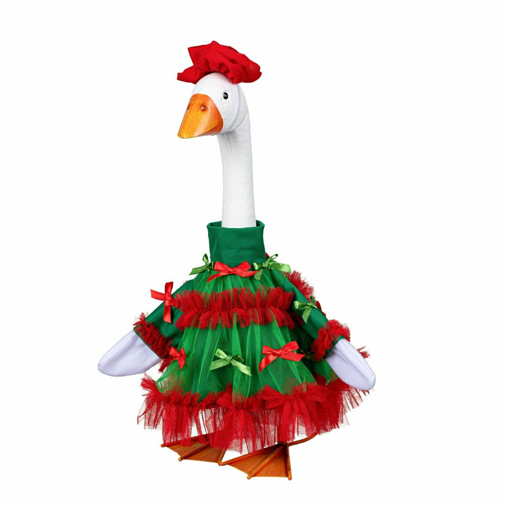 Plow & Hearth Giddy The Goose, Metal Porch Statue With Holiday Red and Green Outfit, 21"H