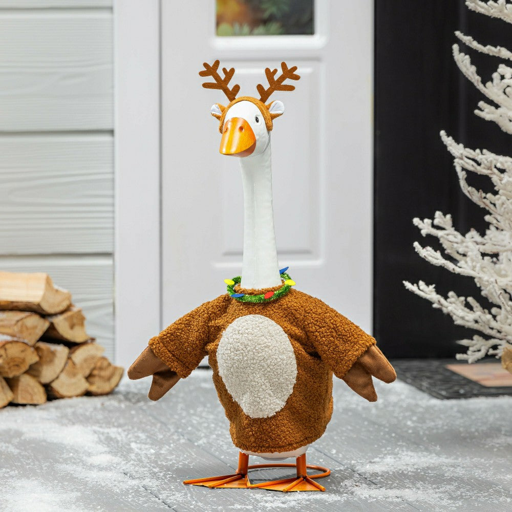 Plow & Hearth Giddy The Goose, Metal Porch Statue With Holiday Reindeer Outfit, 21"H