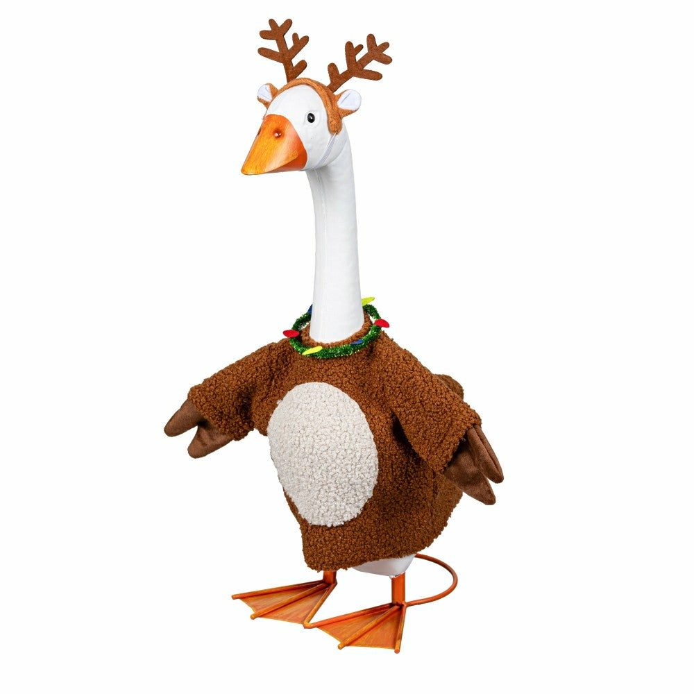 Plow & Hearth Giddy The Goose, Metal Porch Statue With Holiday Reindeer Outfit, 21"H