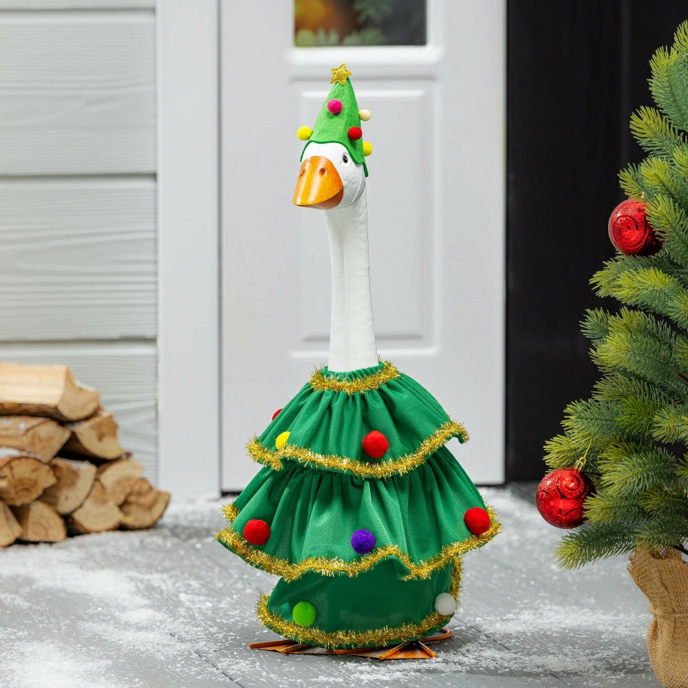 Plow & Hearth Giddy The Goose, Metal Porch Statue With Christmas Green Ruffle Outfit