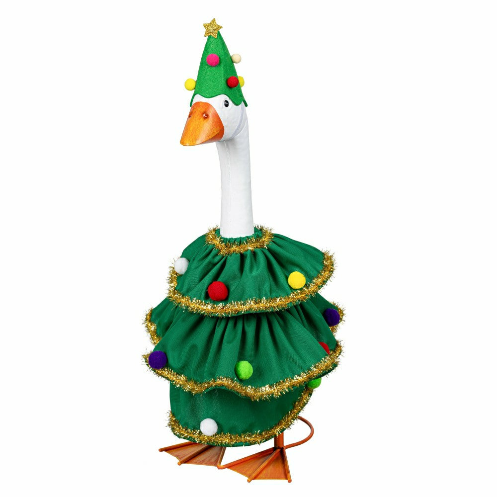 Plow & Hearth Giddy The Goose, Metal Porch Statue With Christmas Green Ruffle Outfit