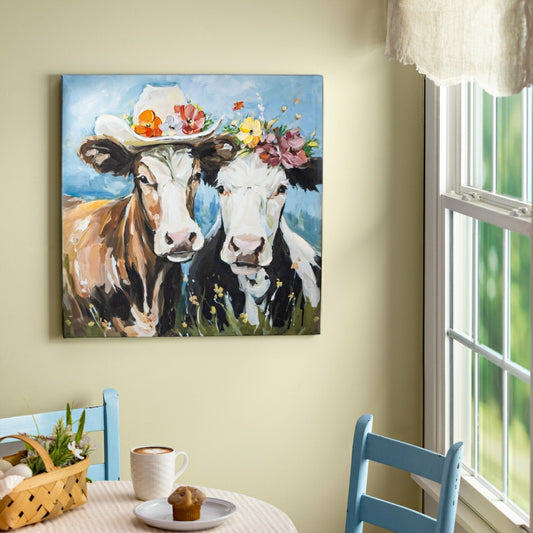 Plow & Hearth Petal & Plow Indoor Wall Decor, Textile, Cow Couple Canvas, 24" L x 24