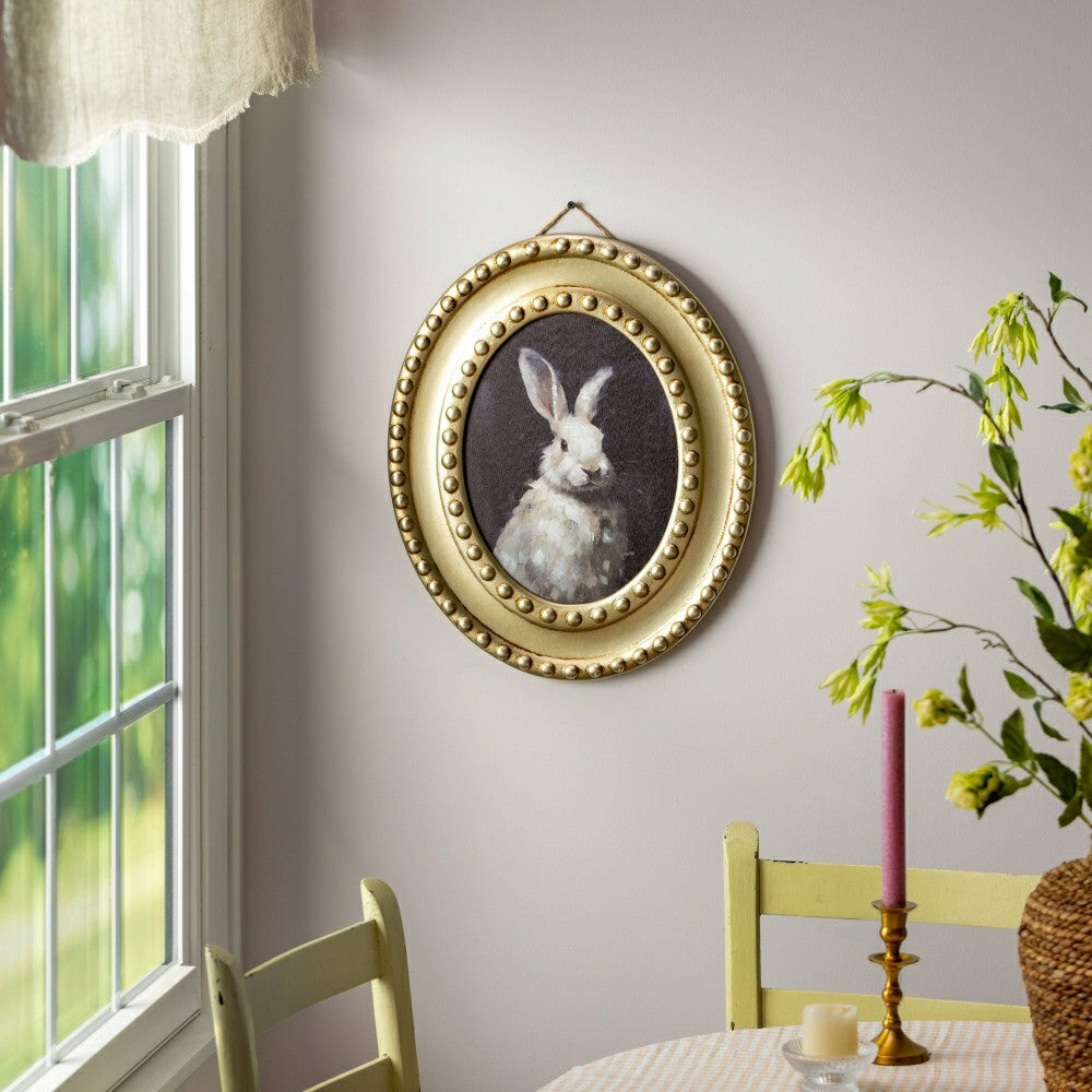 Plow & Hearth Petal & Plow Indoor Wall Decor, Wood, Rabbit Portrait in Round Gold De