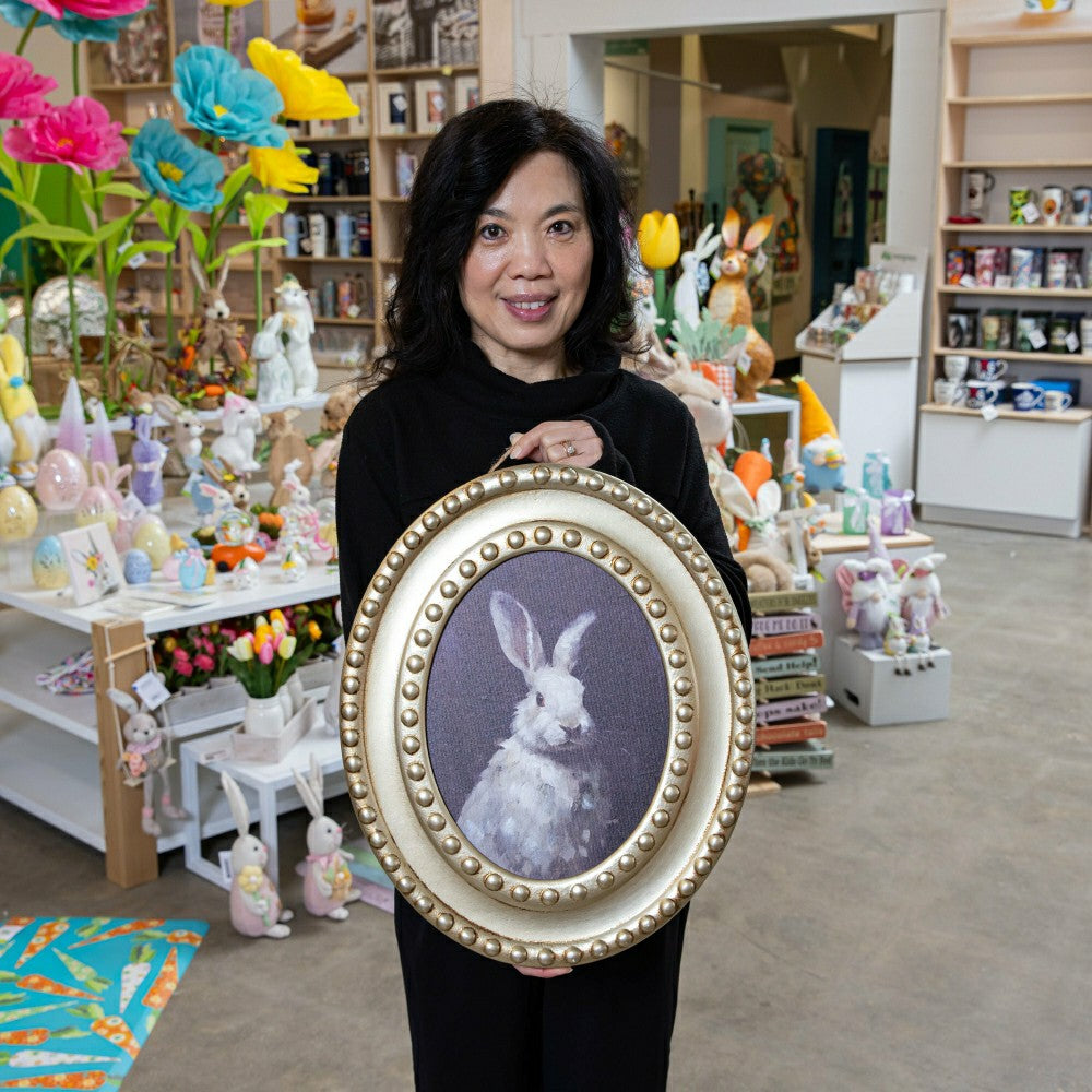 Plow & Hearth Petal & Plow Indoor Wall Decor, Wood, Rabbit Portrait in Round Gold De