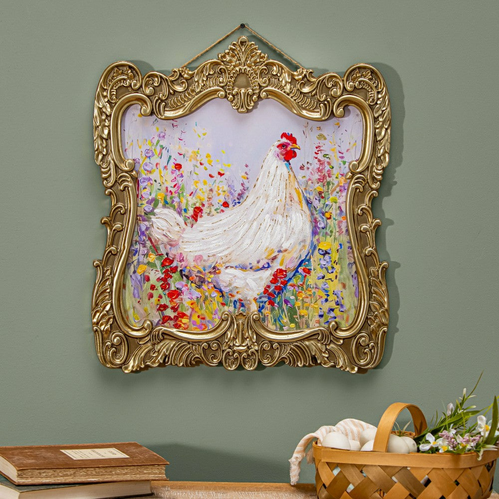 Plow & Hearth Petal & Plow Indoor Wall Decor, Wood, Chicken in Gold Decorative Frame