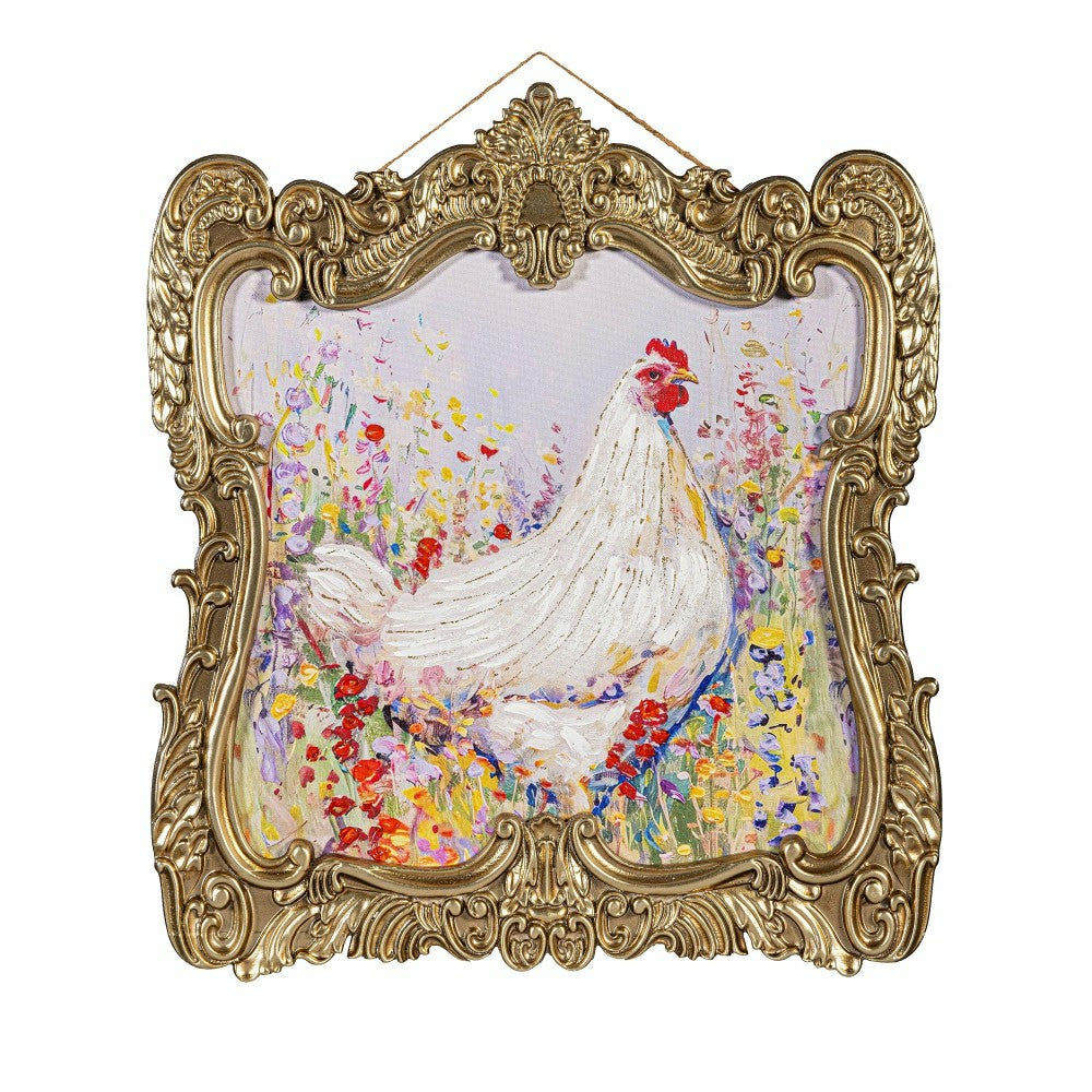 Plow & Hearth Petal & Plow Indoor Wall Decor, Wood, Chicken in Gold Decorative Frame
