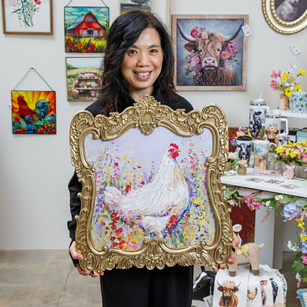 Plow & Hearth Petal & Plow Indoor Wall Decor, Wood, Chicken in Gold Decorative Frame