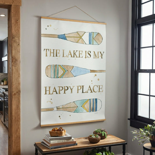 Plow & Hearth Seaside Retreat Indoor Wall Décor Canvas Tapestry, The Lake Is My Happ