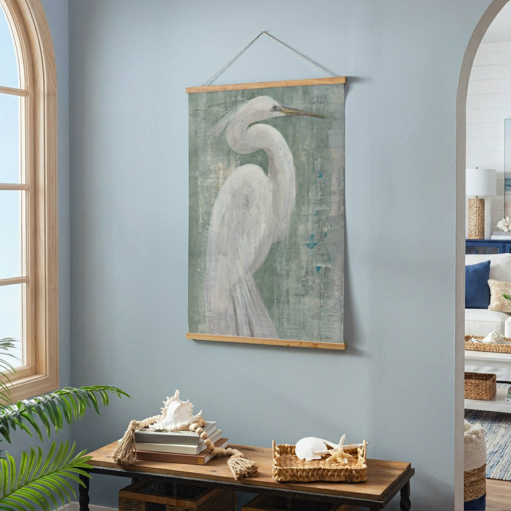 Plow & Hearth Seaside Retreat Indoor Wall Décor Canvas Tapestry, White Egret