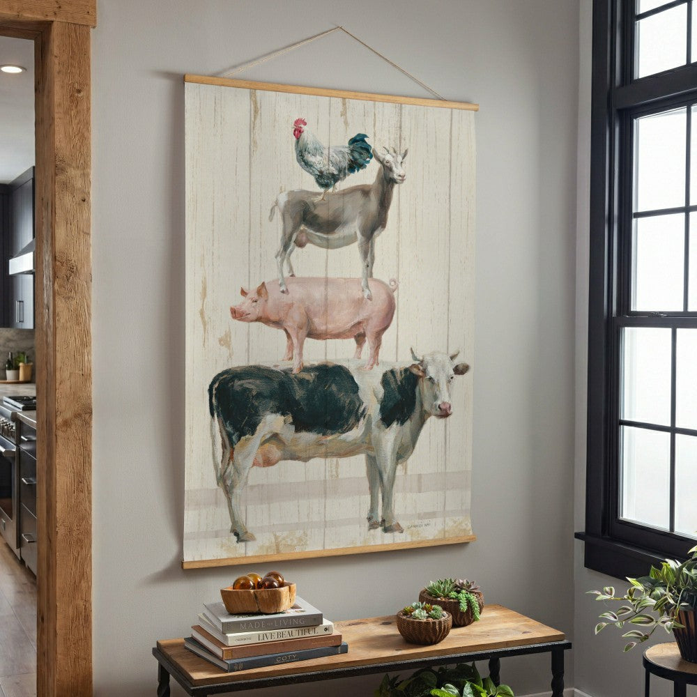 Plow & Hearth Hillside Pasture Indoor Wall Décor Canvas Tapestry, Stacked Animals