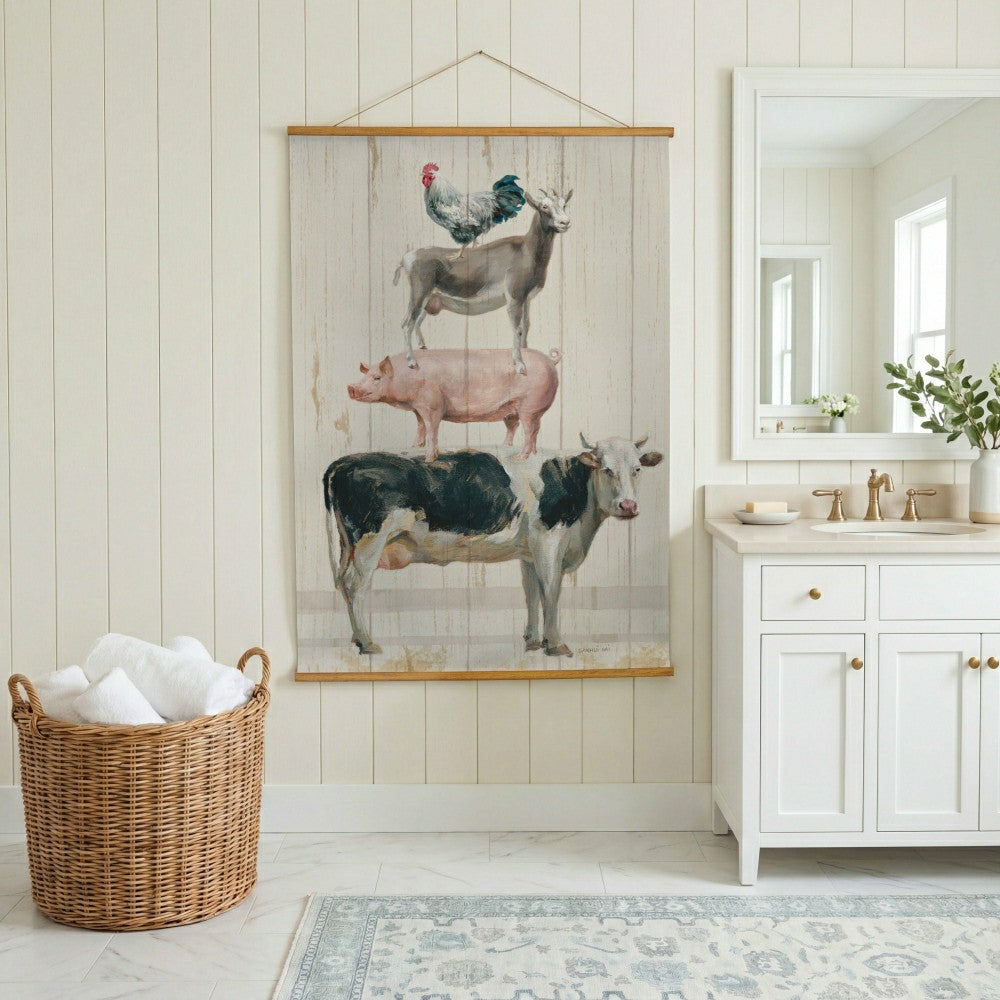 Plow & Hearth Hillside Pasture Indoor Wall Décor Canvas Tapestry, Stacked Animals
