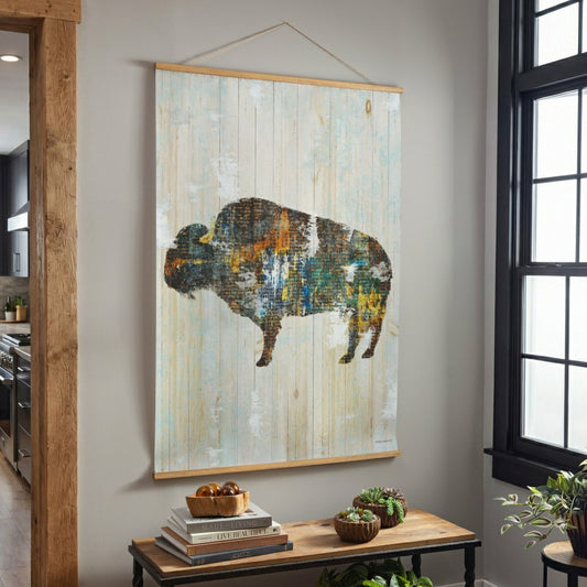 Plow & Hearth Hillside Pasture Indoor Wall Décor Canvas Tapestry, Color block Bison