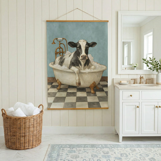 Plow & Hearth Hillside Pasture Indoor Wall Décor Canvas Tapestry, Cow in a Tub