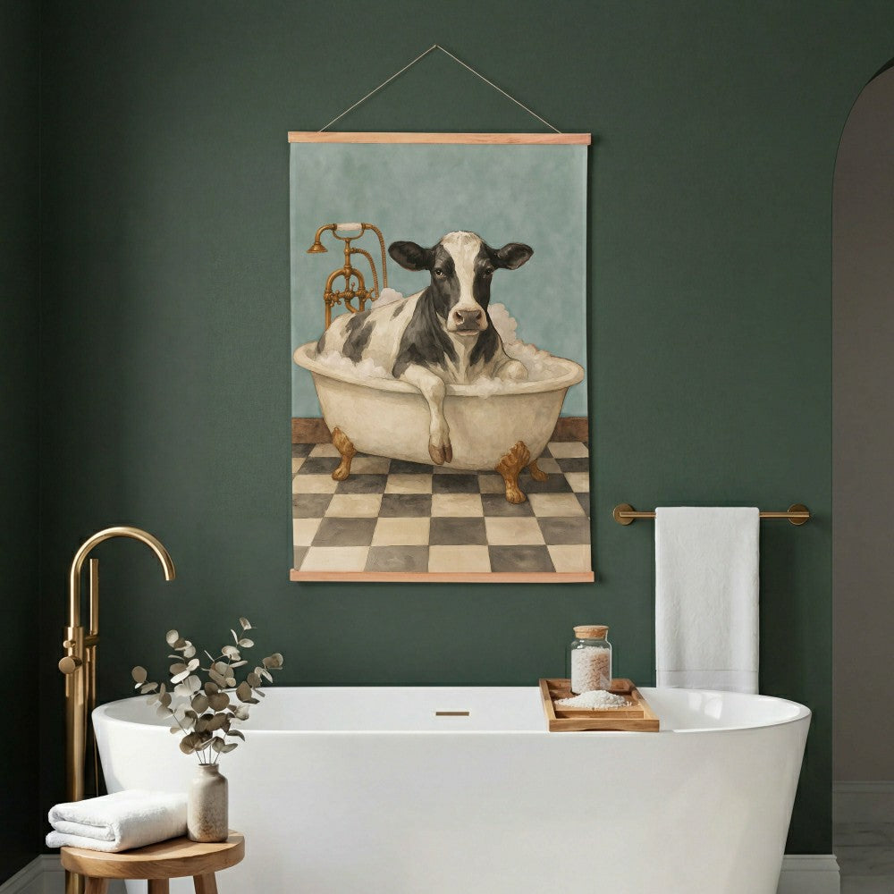 Plow & Hearth Hillside Pasture Indoor Wall Décor Canvas Tapestry, Cow in a Tub