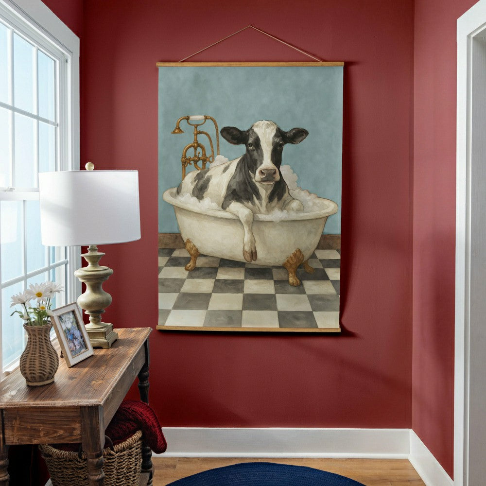 Plow & Hearth Hillside Pasture Indoor Wall Décor Canvas Tapestry, Cow in a Tub