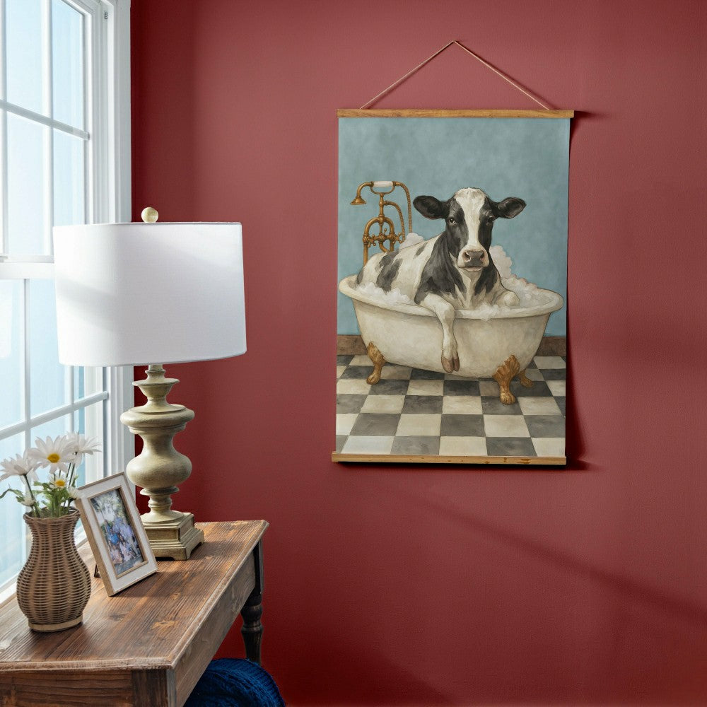 Plow & Hearth Hillside Pasture Indoor Wall Décor Canvas Tapestry, Cow in a Tub