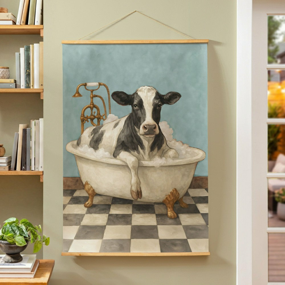 Plow & Hearth Hillside Pasture Indoor Wall Décor Canvas Tapestry, Cow in a Tub