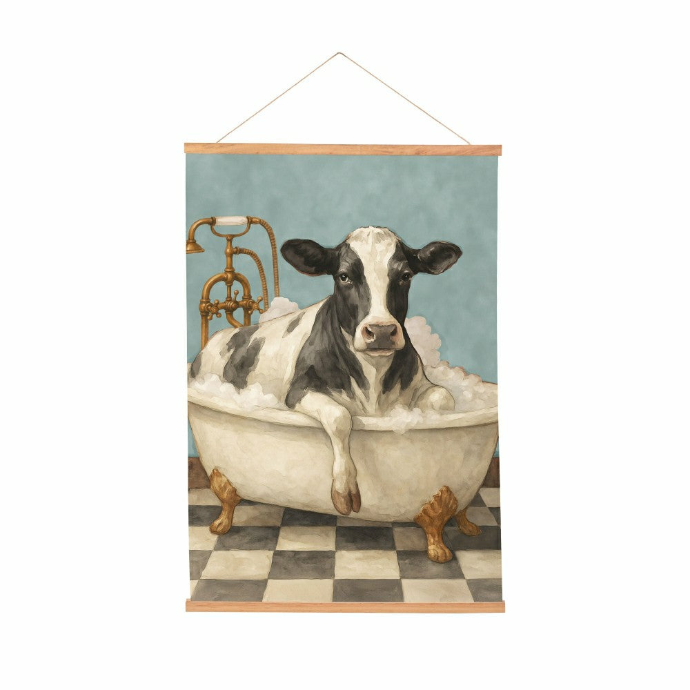 Plow & Hearth Hillside Pasture Indoor Wall Décor Canvas Tapestry, Cow in a Tub