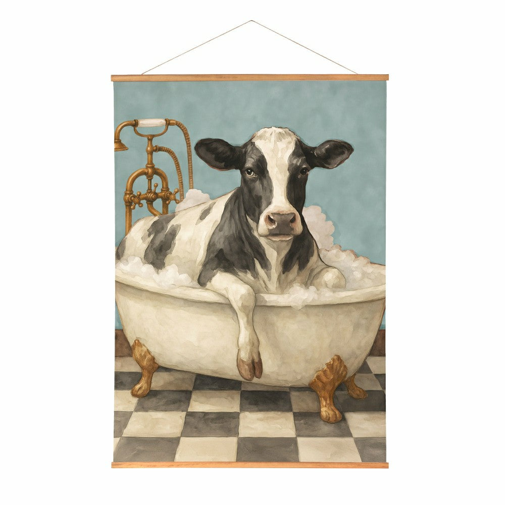 Plow & Hearth Hillside Pasture Indoor Wall Décor Canvas Tapestry, Cow in a Tub
