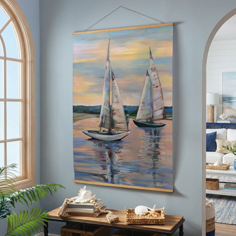 Plow & Hearth Seaside Retreat Indoor Wall Décor Canvas Tapestry, Sail Boats
