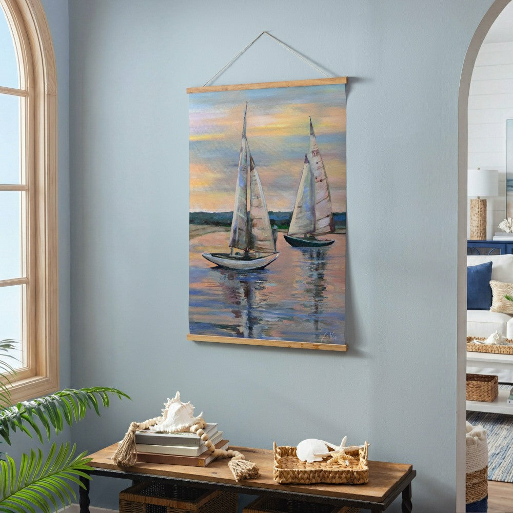 Plow & Hearth Seaside Retreat Indoor Wall Décor Canvas Tapestry, Sail Boats