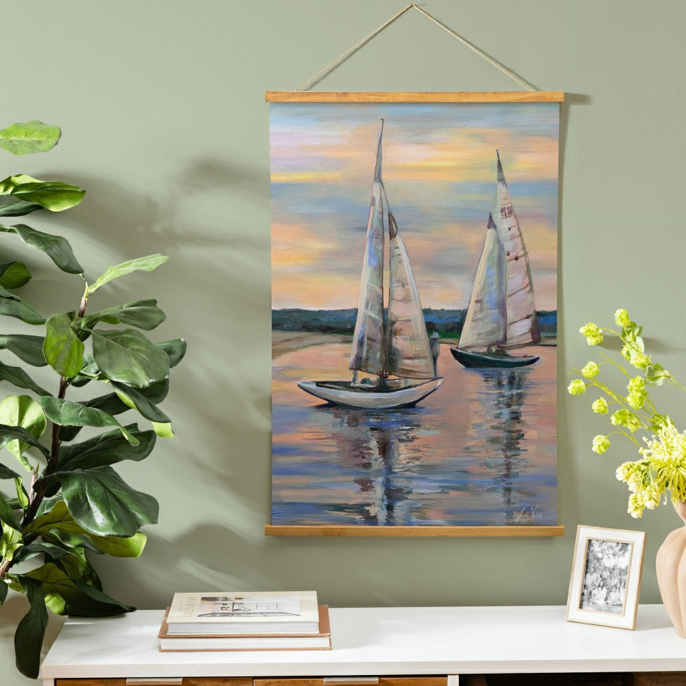 Plow & Hearth Seaside Retreat Indoor Wall Décor Canvas Tapestry, Sail Boats