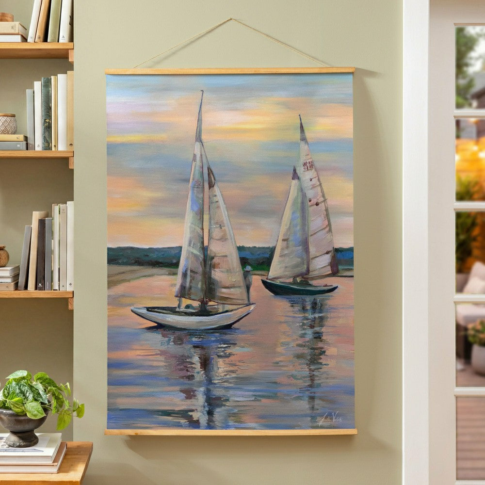 Plow & Hearth Seaside Retreat Indoor Wall Décor Canvas Tapestry, Sail Boats
