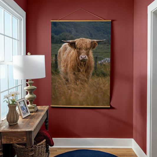 Plow & Hearth Hillside Pasture Indoor Wall Décor Canvas Tapestry, Highland Cow in Fi