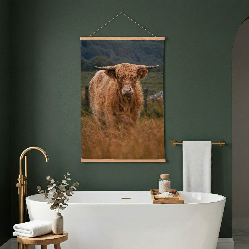 Plow & Hearth Hillside Pasture Indoor Wall Décor Canvas Tapestry, Highland Cow in Fi