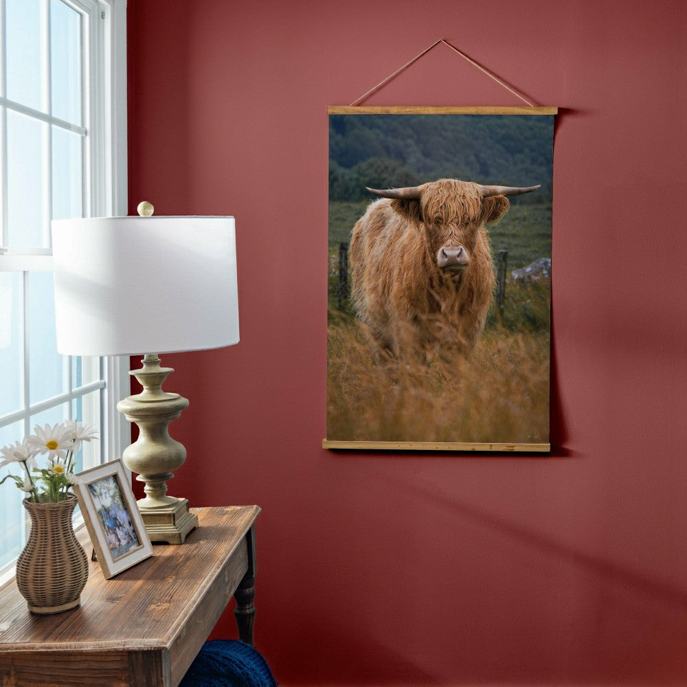 Plow & Hearth Hillside Pasture Indoor Wall Décor Canvas Tapestry, Highland Cow in Fi