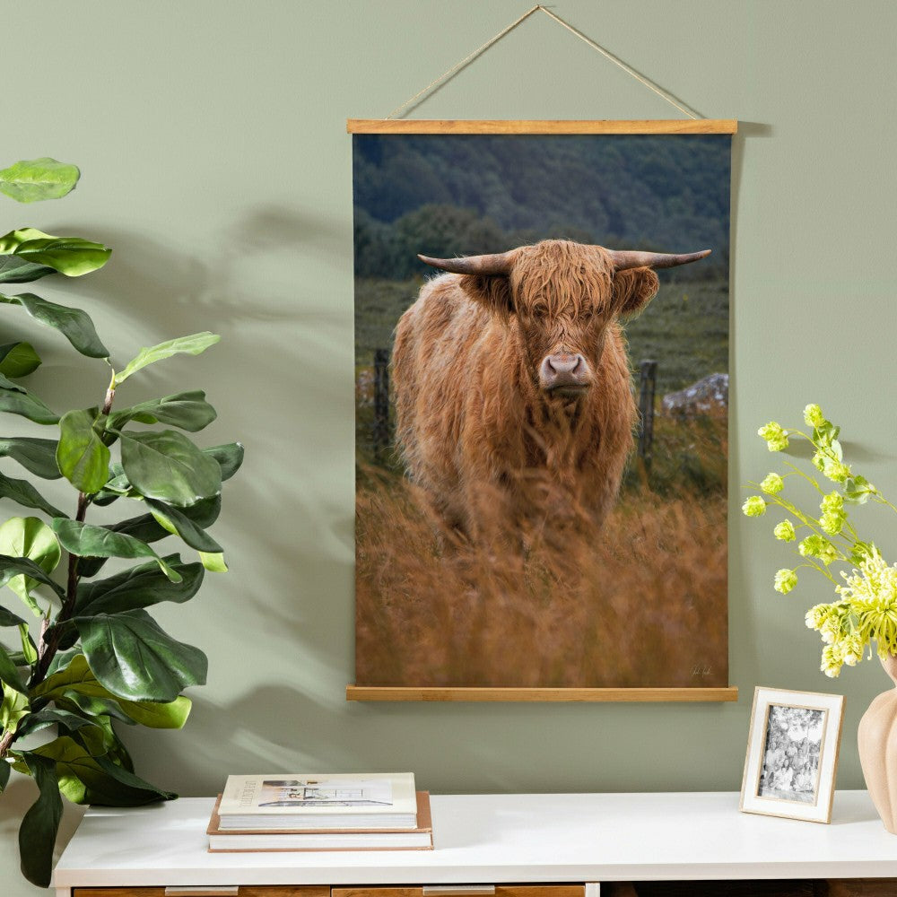 Plow & Hearth Hillside Pasture Indoor Wall Décor Canvas Tapestry, Highland Cow in Fi