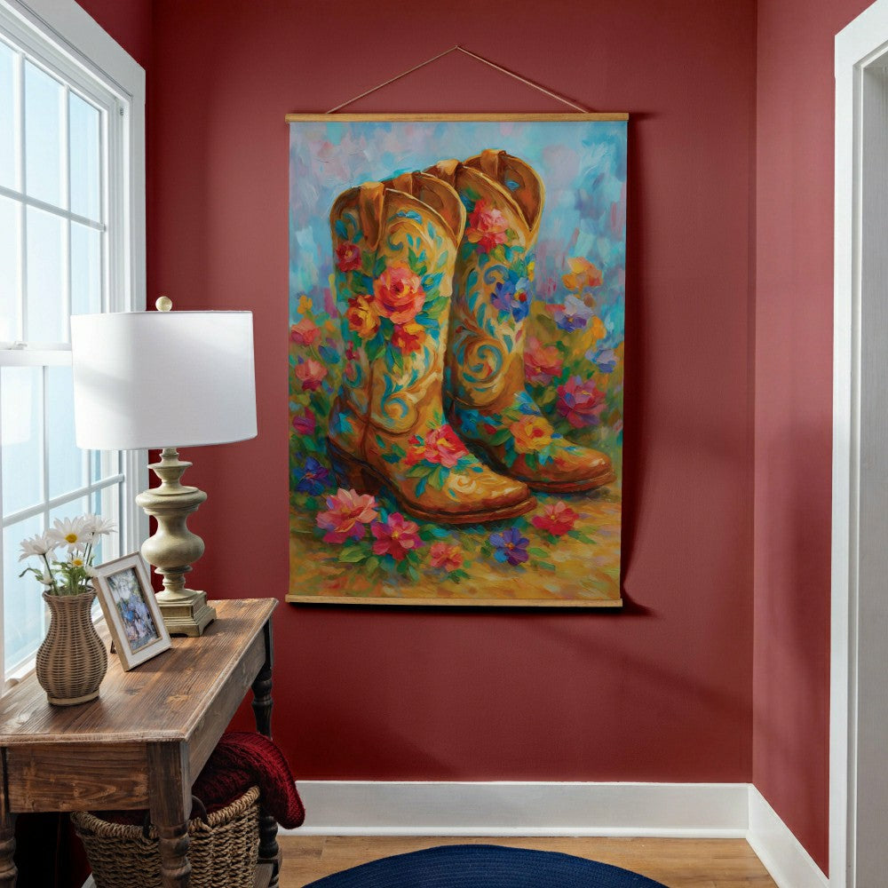 Plow & Hearth Hillside Pasture Indoor Wall Décor Canvas Tapestry, Floral Boots