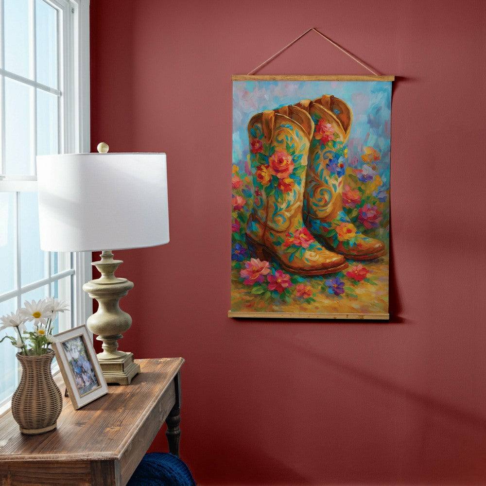 Plow & Hearth Hillside Pasture Indoor Wall Décor Canvas Tapestry, Floral Boots