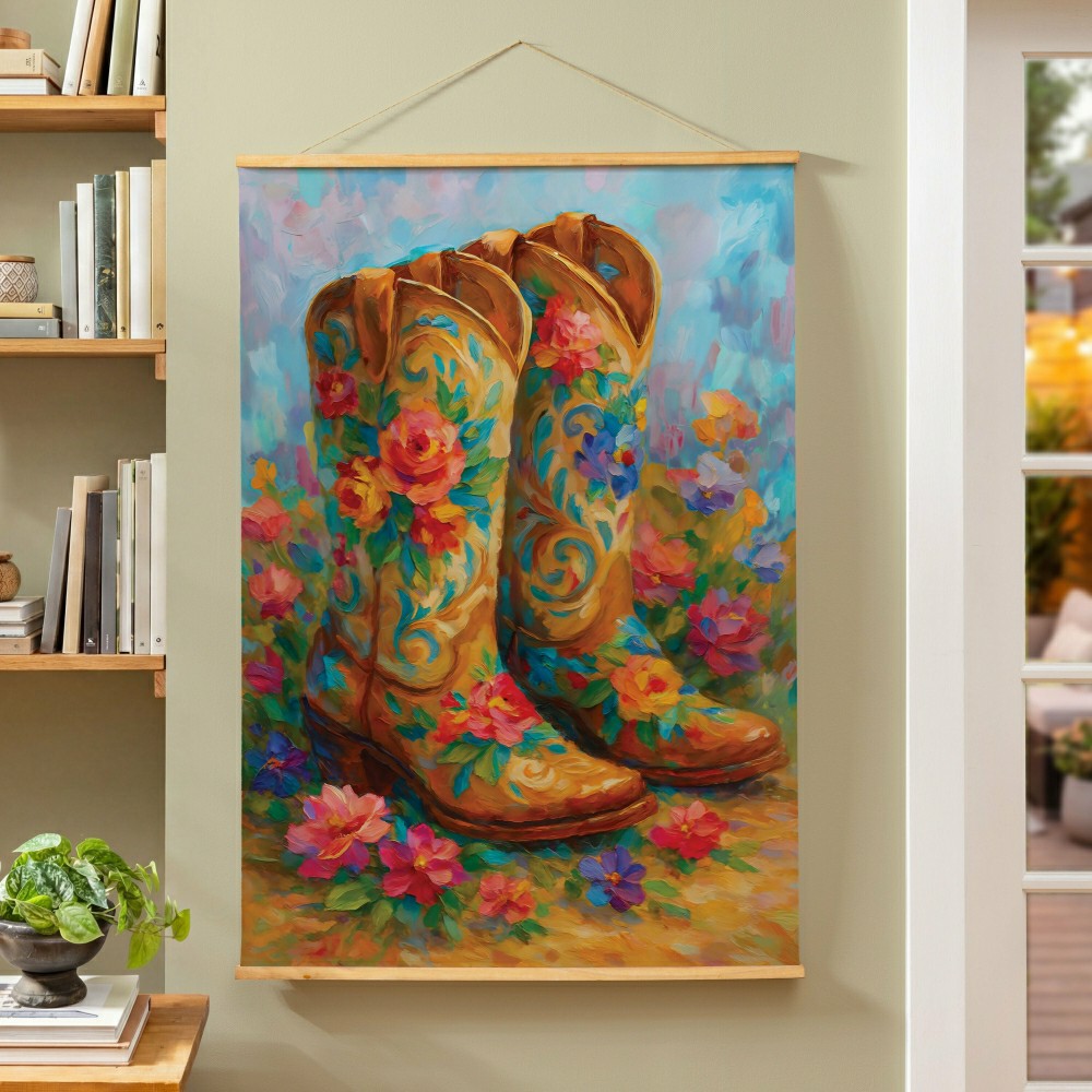 Plow & Hearth Hillside Pasture Indoor Wall Décor Canvas Tapestry, Floral Boots
