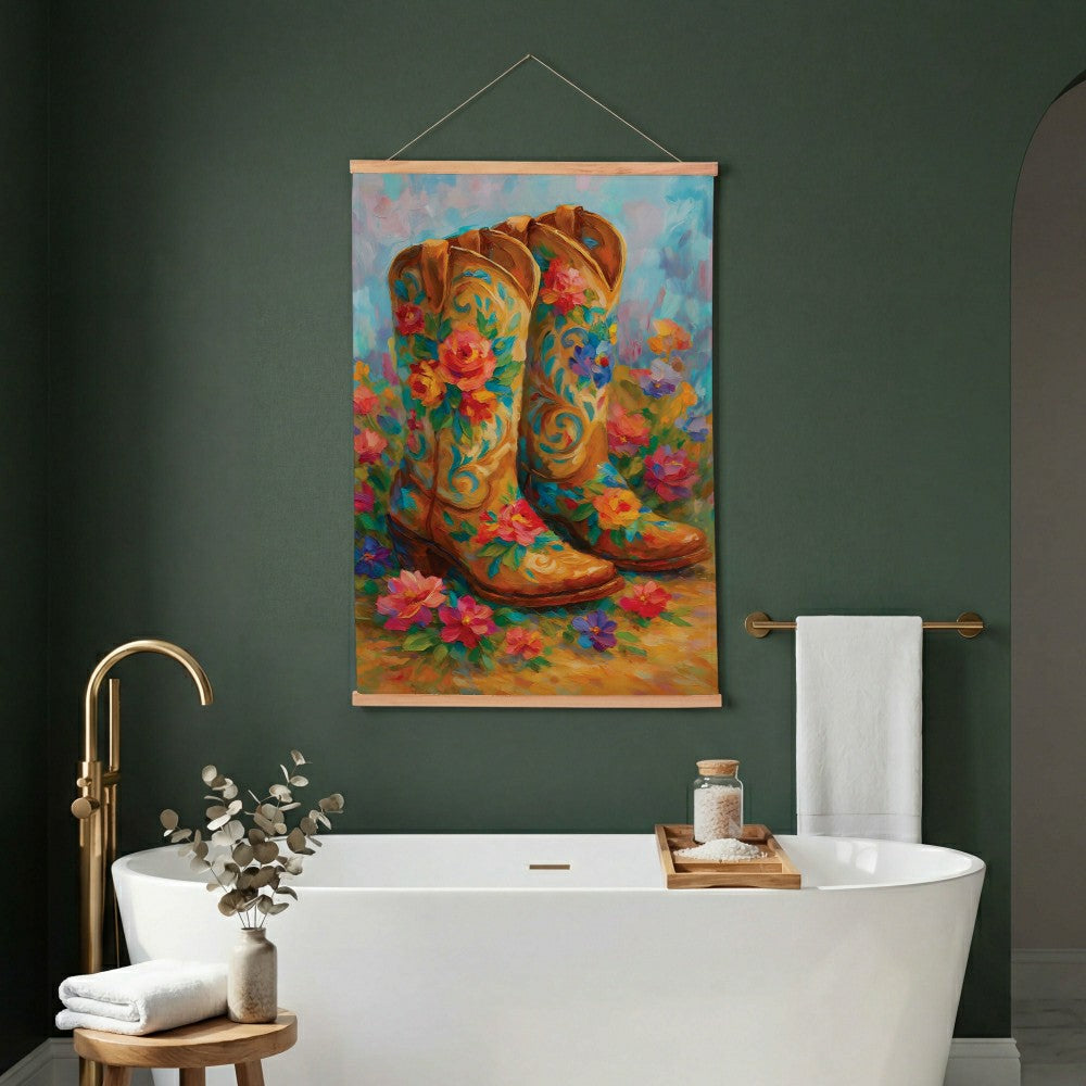 Plow & Hearth Hillside Pasture Indoor Wall Décor Canvas Tapestry, Floral Boots