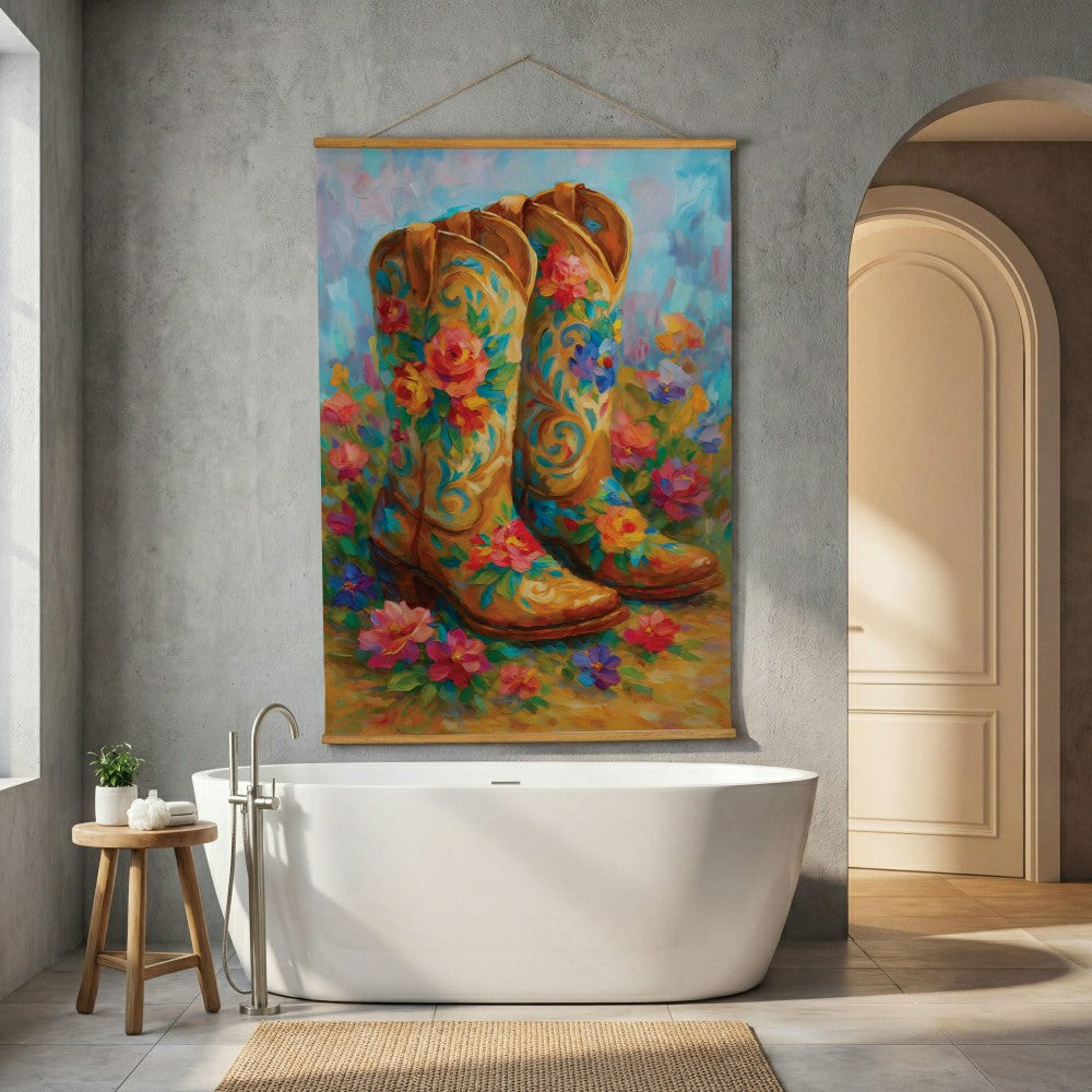 Plow & Hearth Hillside Pasture Indoor Wall Décor Canvas Tapestry, Floral Boots