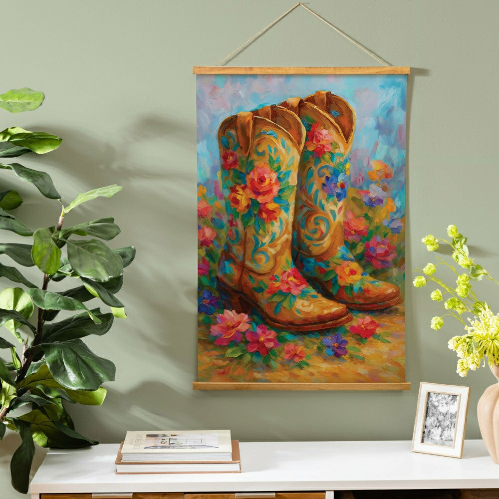 Plow & Hearth Hillside Pasture Indoor Wall Décor Canvas Tapestry, Floral Boots