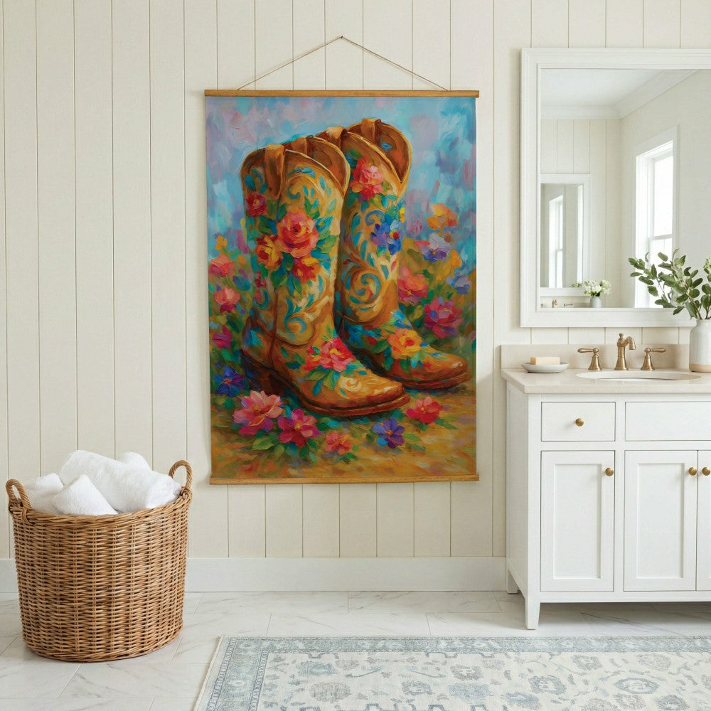 Plow & Hearth Hillside Pasture Indoor Wall Décor Canvas Tapestry, Floral Boots