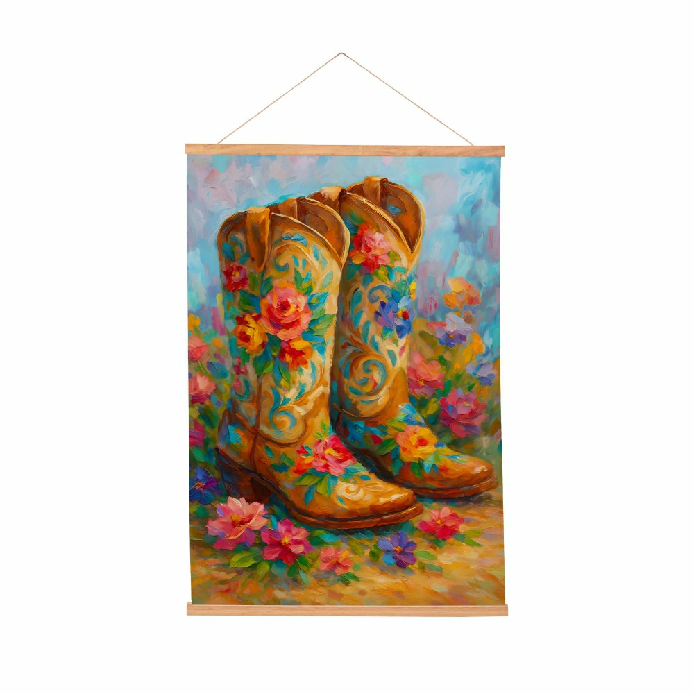 Plow & Hearth Hillside Pasture Indoor Wall Décor Canvas Tapestry, Floral Boots