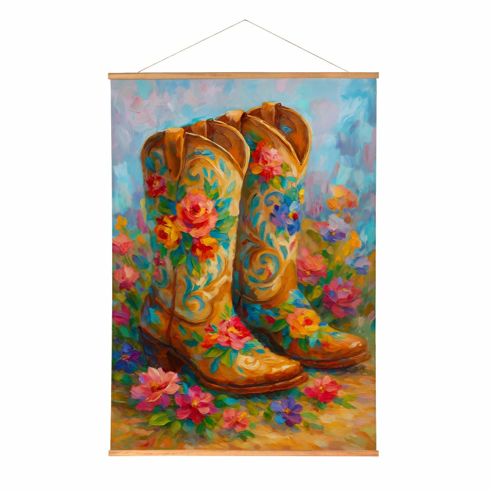 Plow & Hearth Hillside Pasture Indoor Wall Décor Canvas Tapestry, Floral Boots