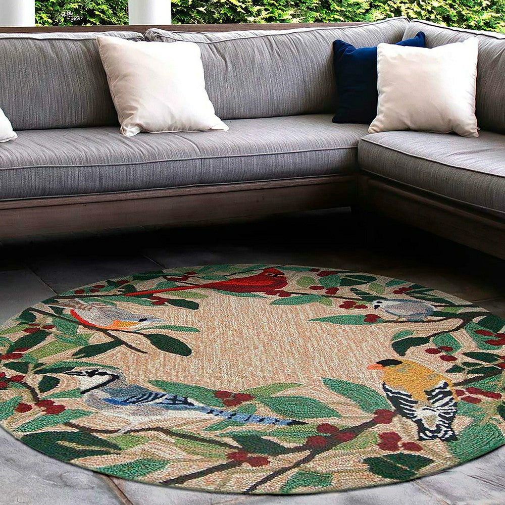 Plow & Hearth Indoor/Outdoor Synthetic Blend Birds Border Rug, 36" Round