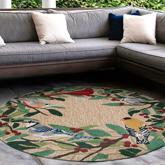 Plow & Hearth Indoor/Outdoor Synthetic Blend Birds Border Rug, 36" Round