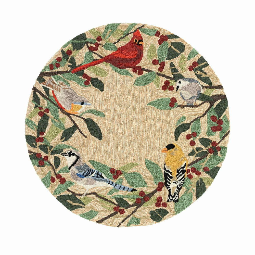 Plow & Hearth Indoor/Outdoor Synthetic Blend Birds Border Rug, 36" Round