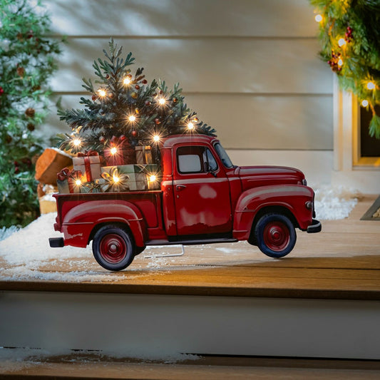 Plow & Hearth Holly Homestead Decorative Garden Accent, LED Metal Porch Leaner, Red