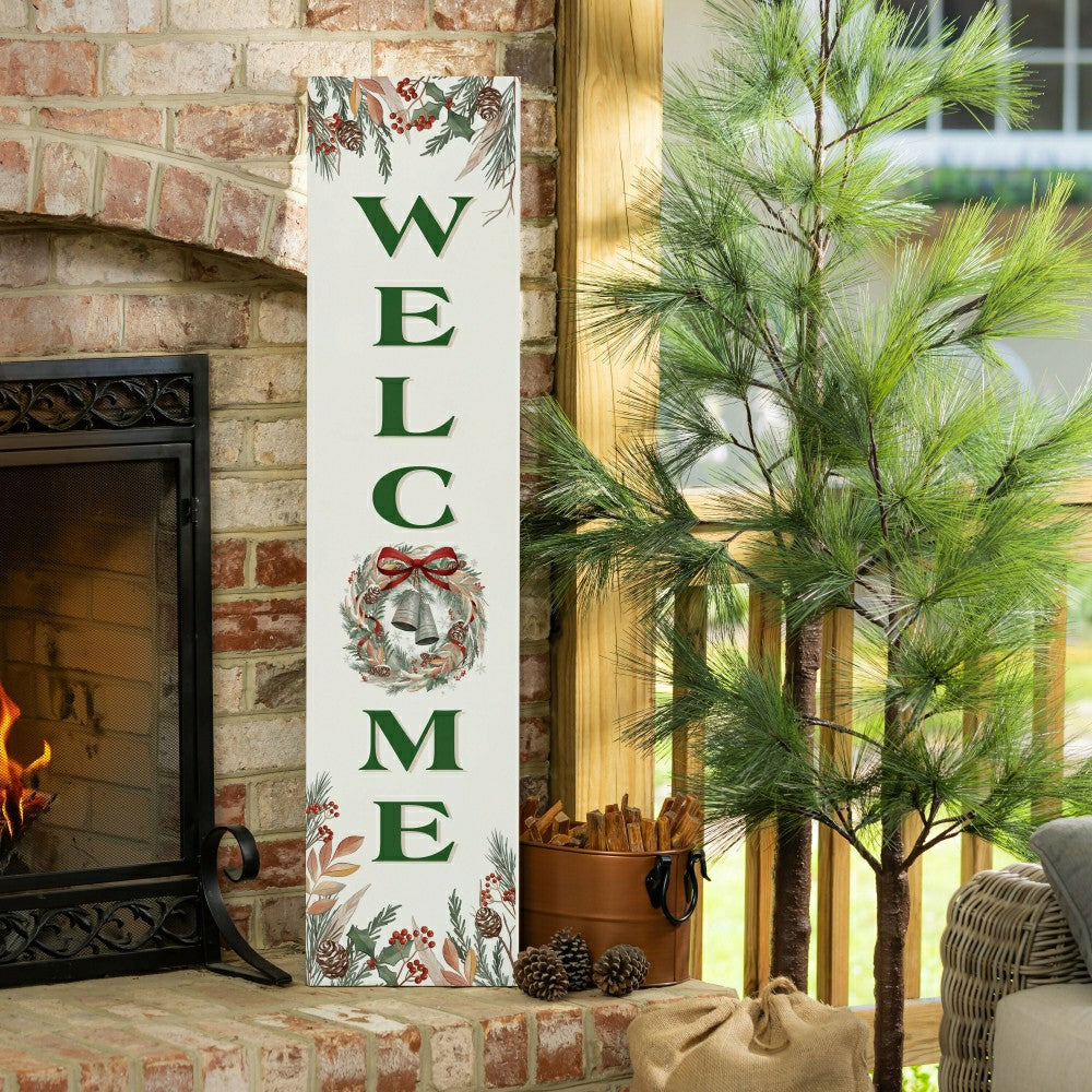 Plow & Hearth Winter Grove Wreath And Bell Porch Leaner, "Welcome", 46"H