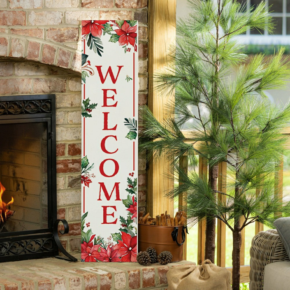 Plow & Hearth VivaStyle Poinsettia Bliss Porch Leaner, "Welcome", 46"H