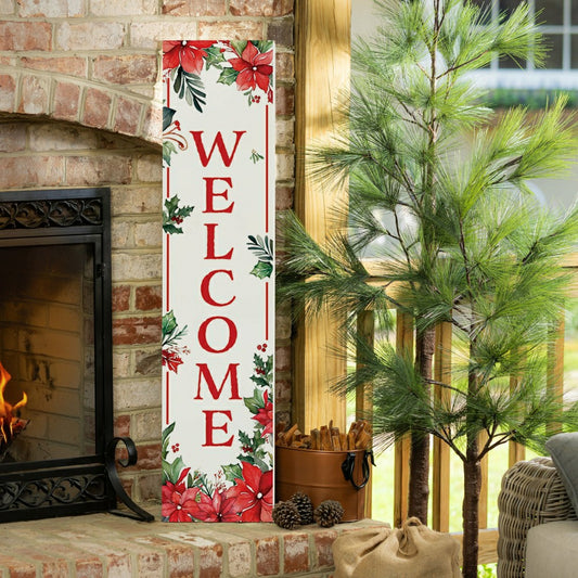 Plow & Hearth VivaStyle Poinsettia Bliss Porch Leaner, "Welcome", 46"H