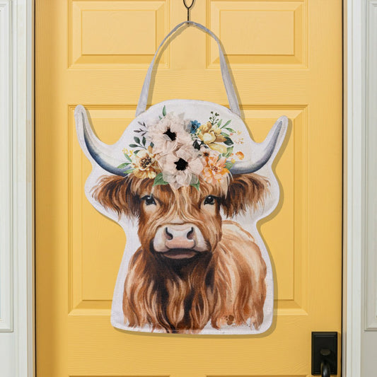 Plow & Hearth Hillside Pasture Floral Highland Cow Door Decor