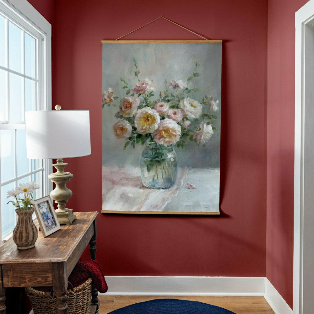 Plow & Hearth Hillside Pasture Indoor Wall Decor Canvas Tapestry, Pink/White Roses i