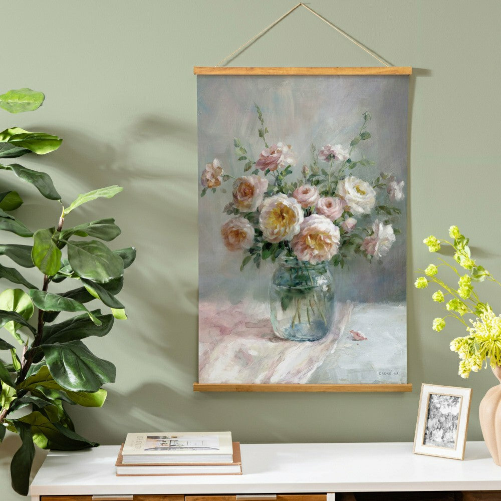 Plow & Hearth Hillside Pasture Indoor Wall Decor Canvas Tapestry, Pink/White Roses i